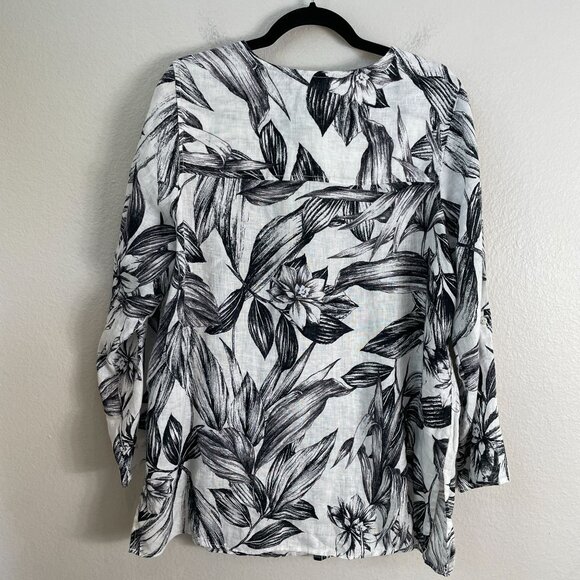 C&C California Womens Plus 1X 100% Linen Black White Floral Button Up Tunic Top - Picture 10 of 12